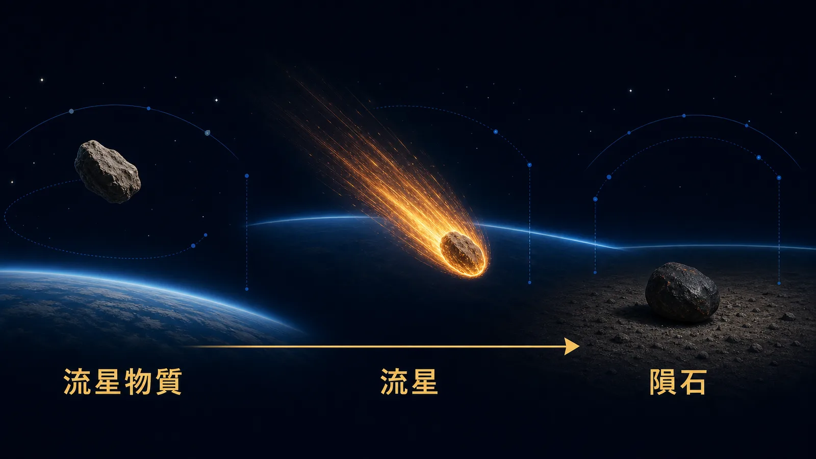 宇宙空間の岩から大気圏突入時の発光、地表に残った石までを3段階で示した図解