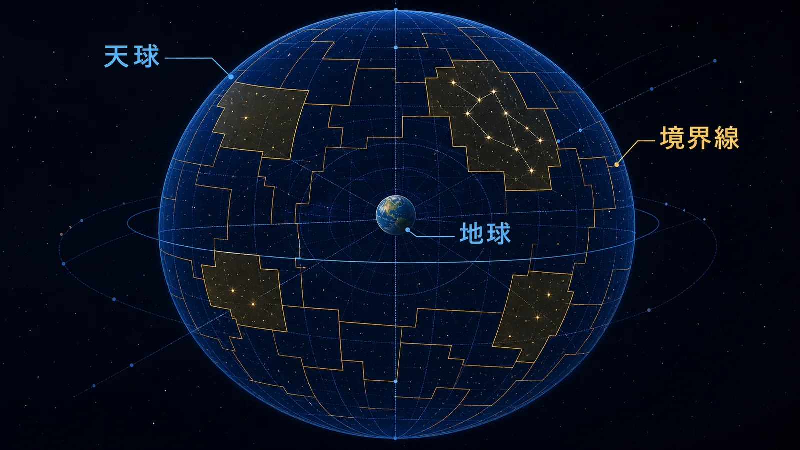 天球の表面が直線の境界線で区画に分けられ、中心に地球が置かれた図解