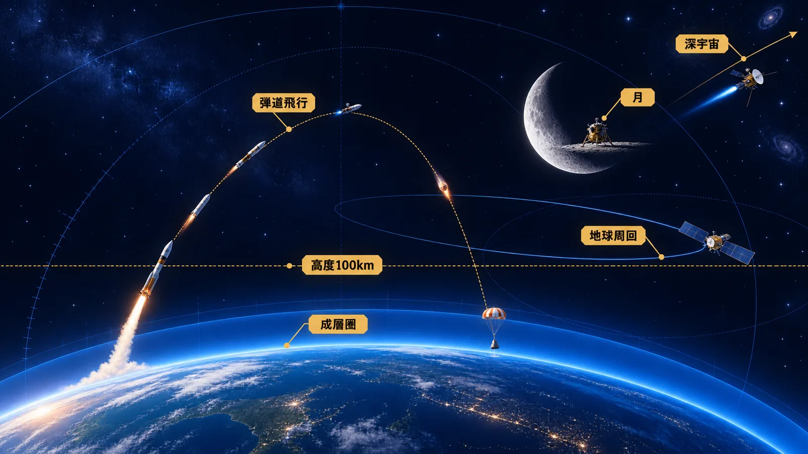 成層圏・弾道飛行・地球周回・月・深宇宙の到達高度を比べた断面図