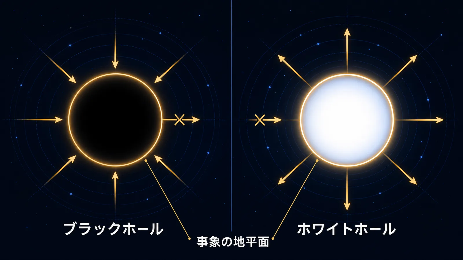矢印が内向きのブラックホールと外向きのホワイトホールを並べた比較図
