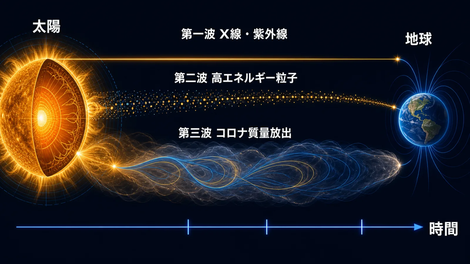 太陽から地球へ光・高エネルギー粒子・コロナ質量放出が順に届くことを示した図
