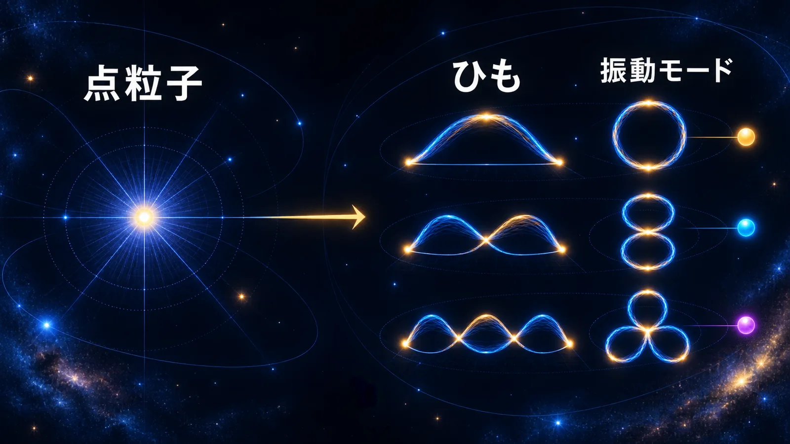 点粒子とひもを対比し、ひもの振動モードの違いが粒子の種類に対応することを示した図解