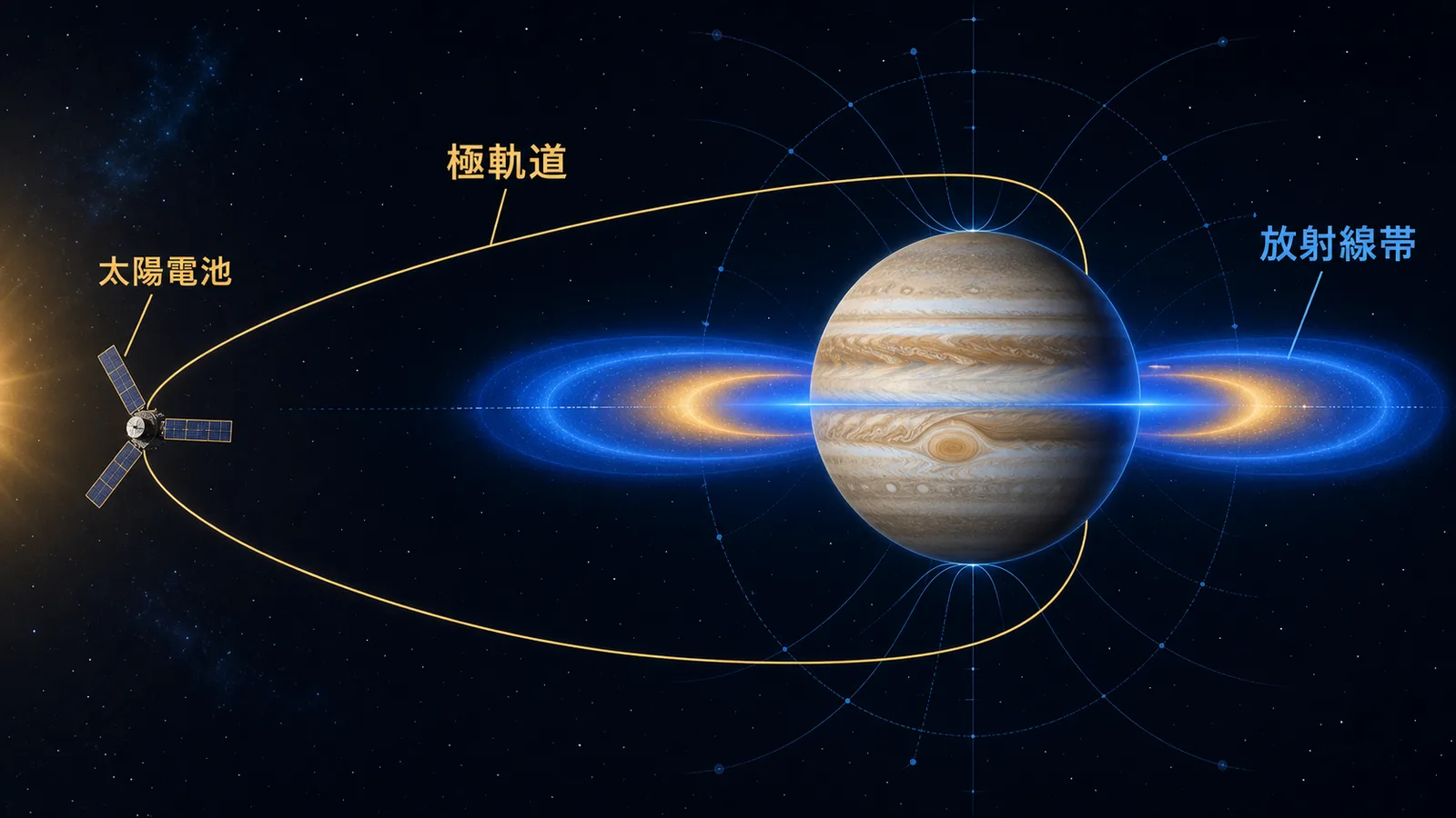 木星の赤道面の放射線帯と、極から極へ抜ける細長い楕円軌道を示した図