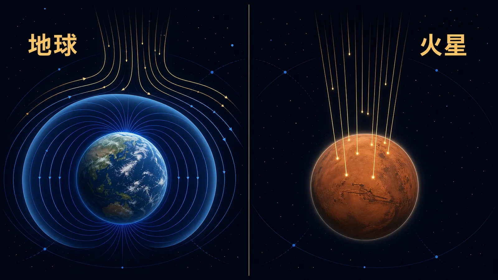 磁場と厚い大気に守られる地球と、磁場がなく薄い大気しかない火星を左右に並べて比較した図。