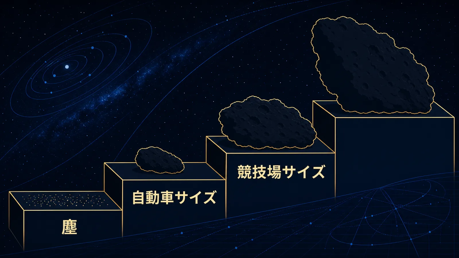天体のサイズが大きくなるほど落下の間隔が長くなることを階段状に表した図解