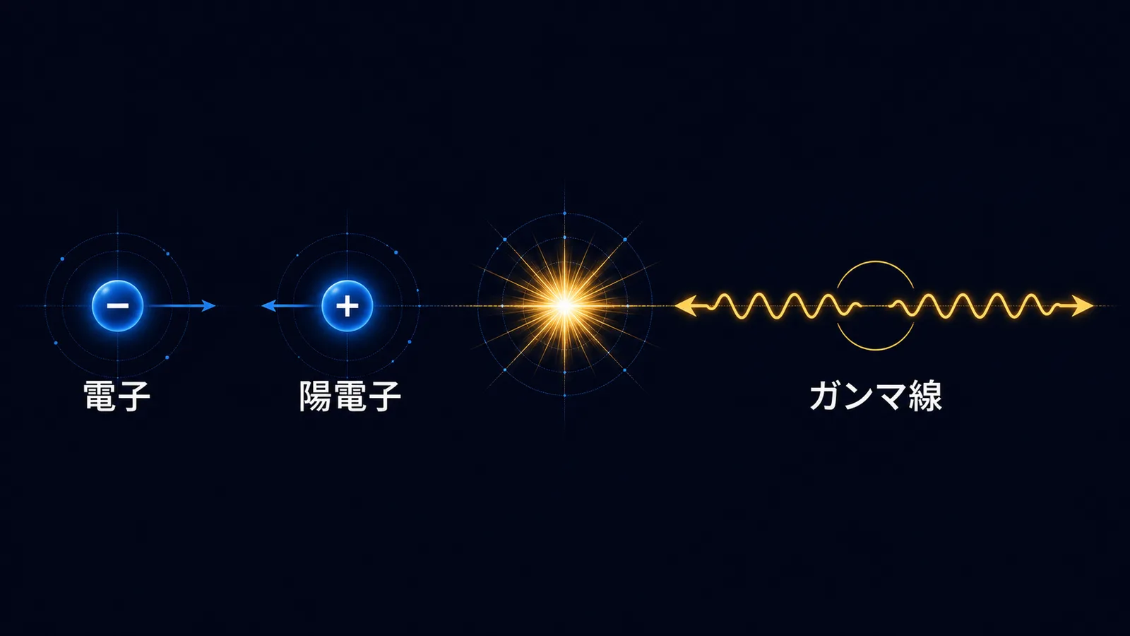 電子と陽電子が対消滅し、2本のガンマ線が正反対方向に飛ぶ過程を示した図