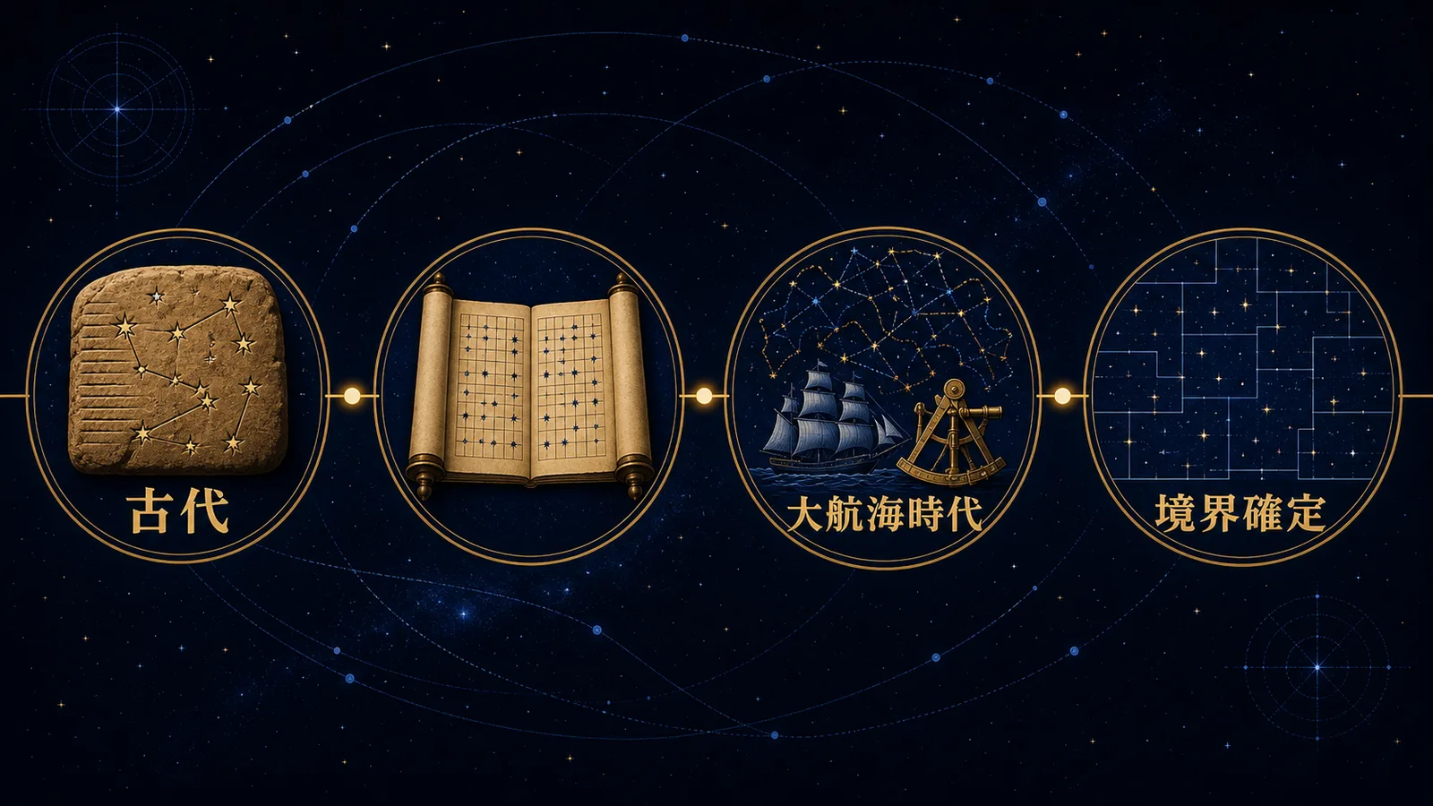 星座の成り立ちを4段階で示した横向きの年表図解