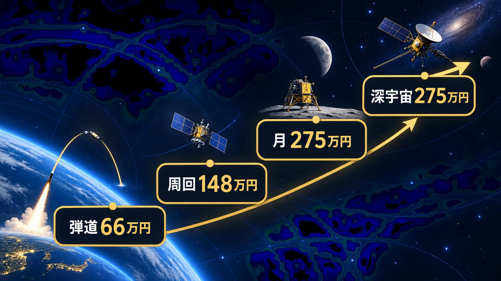 行き先ごとの宇宙葬の価格を階段状に並べた図