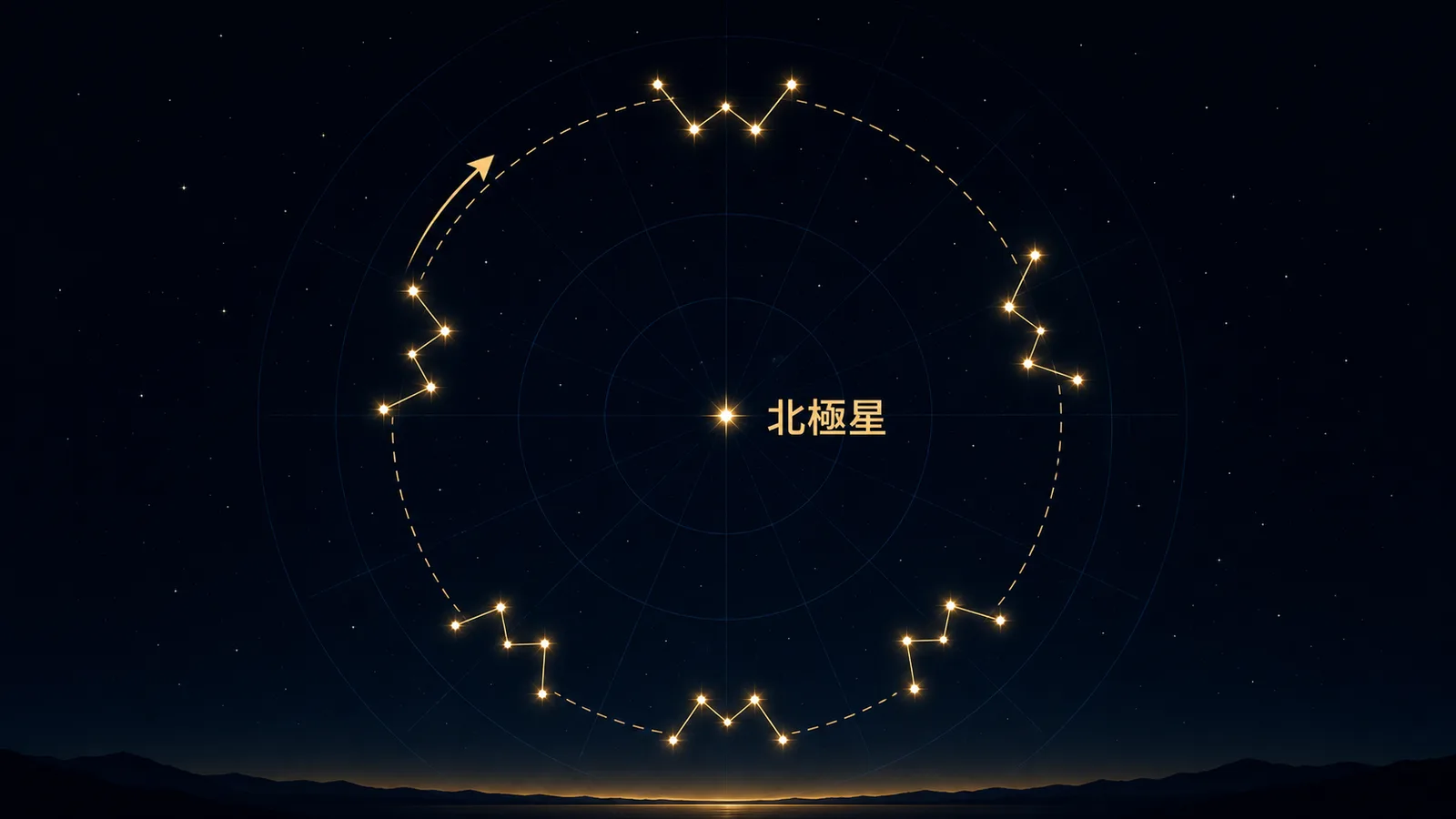 北極星のまわりを回るカシオペヤ座の向きが、時刻と季節でWからMまで変化する様子を示した図