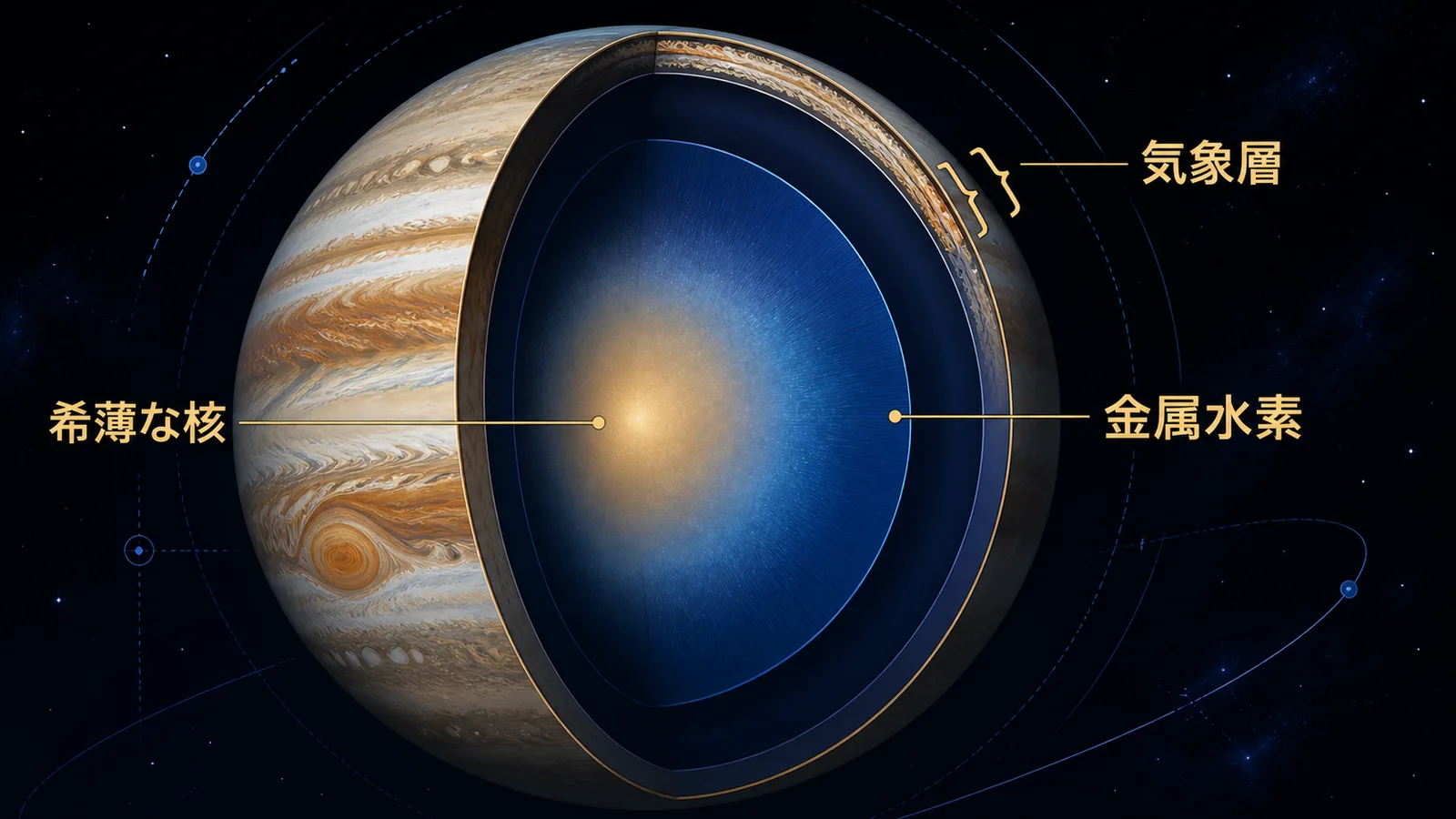 木星の内部構造の断面図。境界の曖昧な中心核と、雲頂から続く厚い気象層を示している