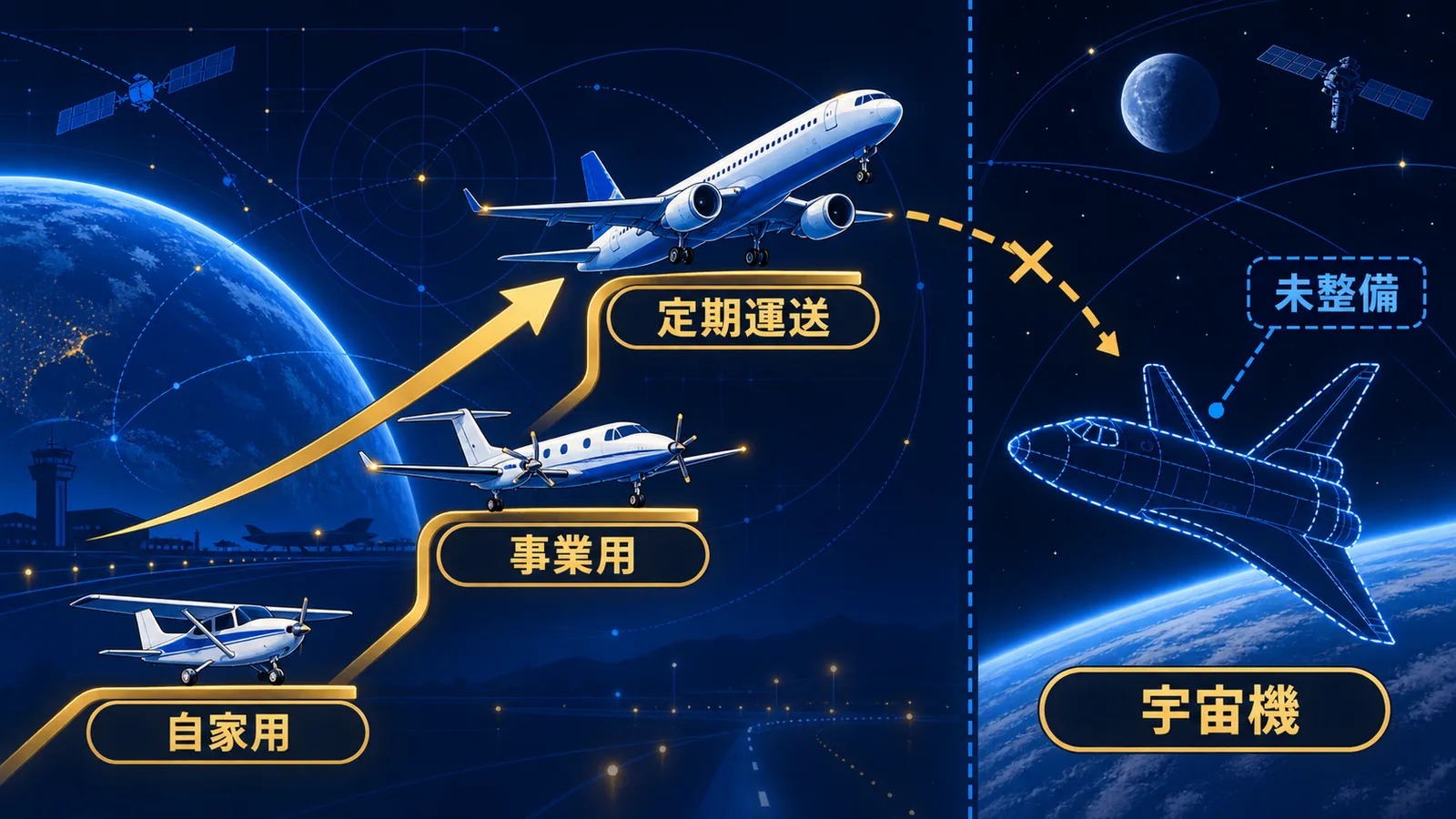 日本の操縦士資格三区分と、宇宙機の資格が制度化されていない現在地を示した図