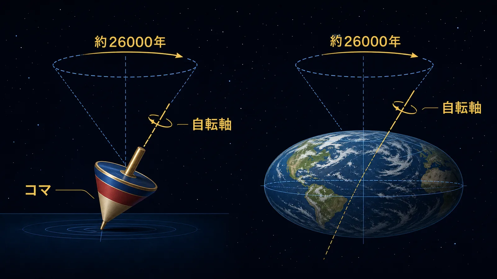 傾いたコマと地球を並べ、自転軸の先が円錐状の軌跡を描く歳差運動を示した図