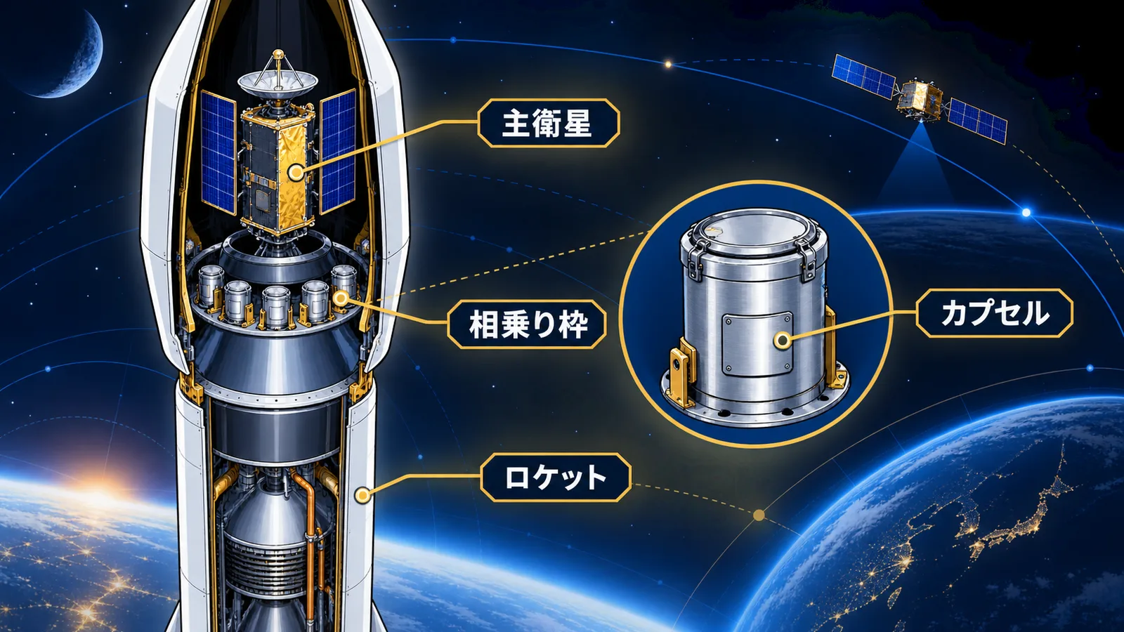 ロケットのフェアリング内部で主衛星と相乗りカプセルが搭載される様子の断面図