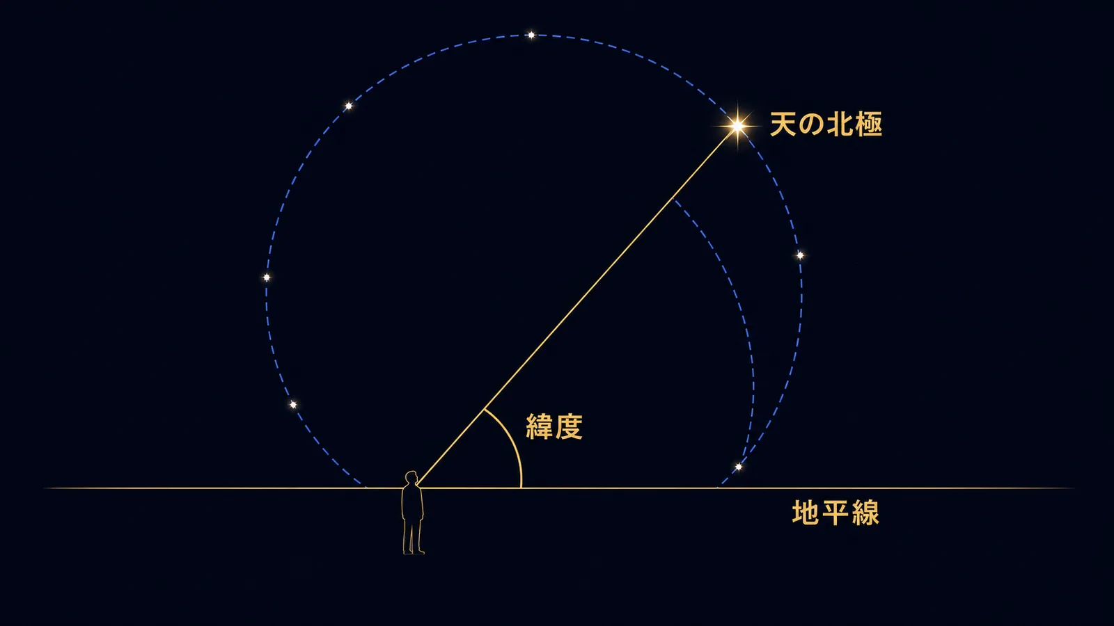 天の北極の高度と観測地の緯度の関係、周極星の範囲を示した側面図