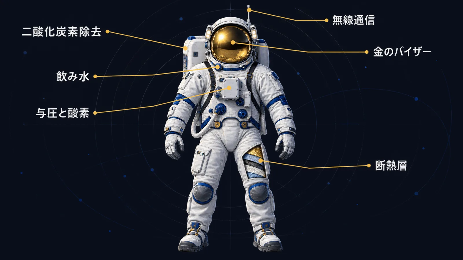 船外活動用宇宙服の主な機能を示した図