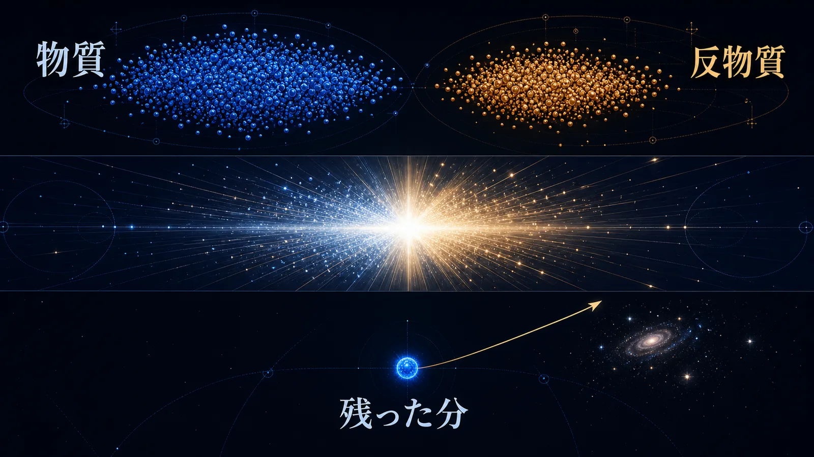 ほぼ同数の物質と反物質が対消滅し、わずかに残った物質から今の宇宙ができたことを示す概念図