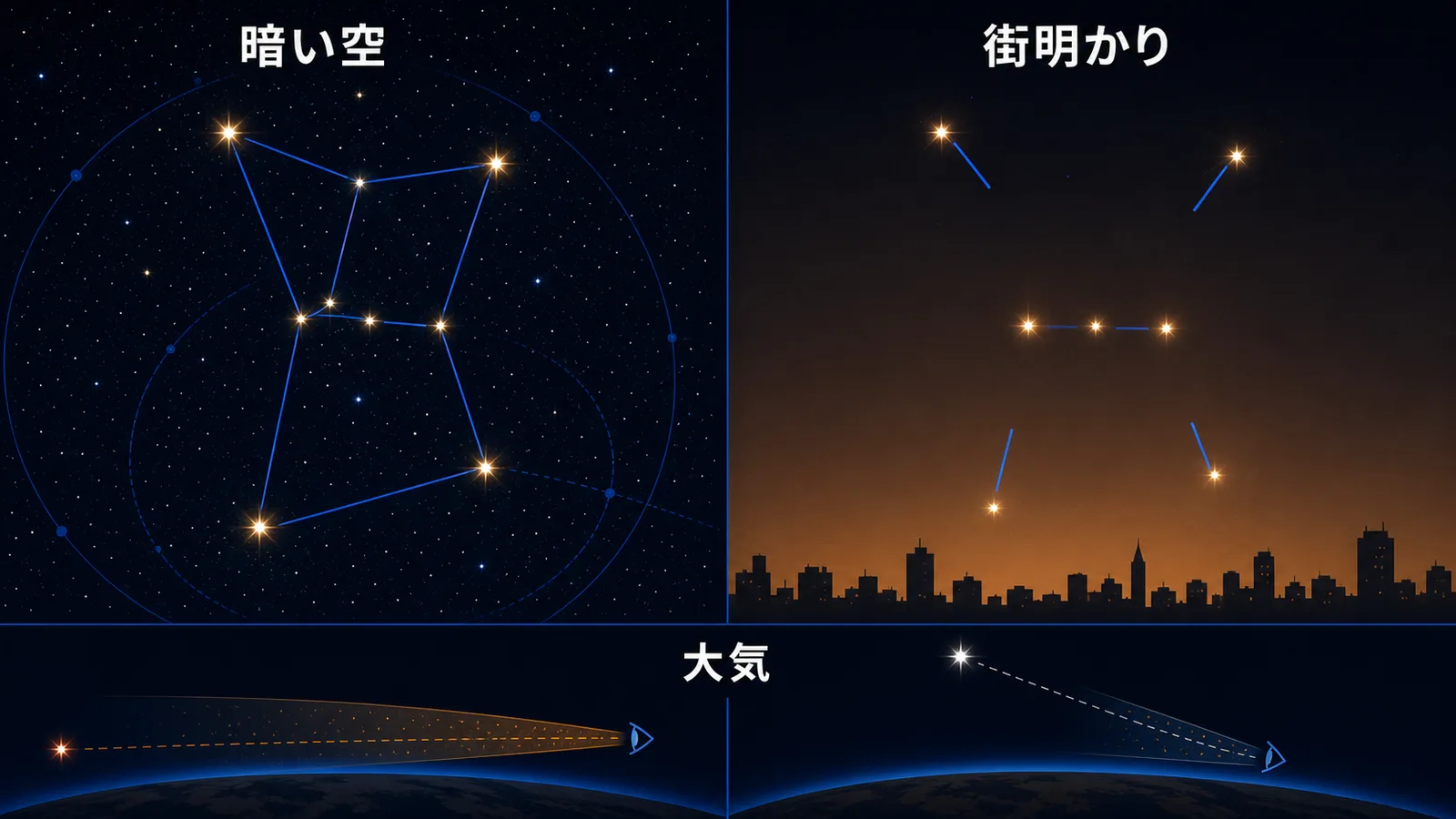 暗い空と街明かりの下での星座の見え方の違い、および低い空での減光を示した図