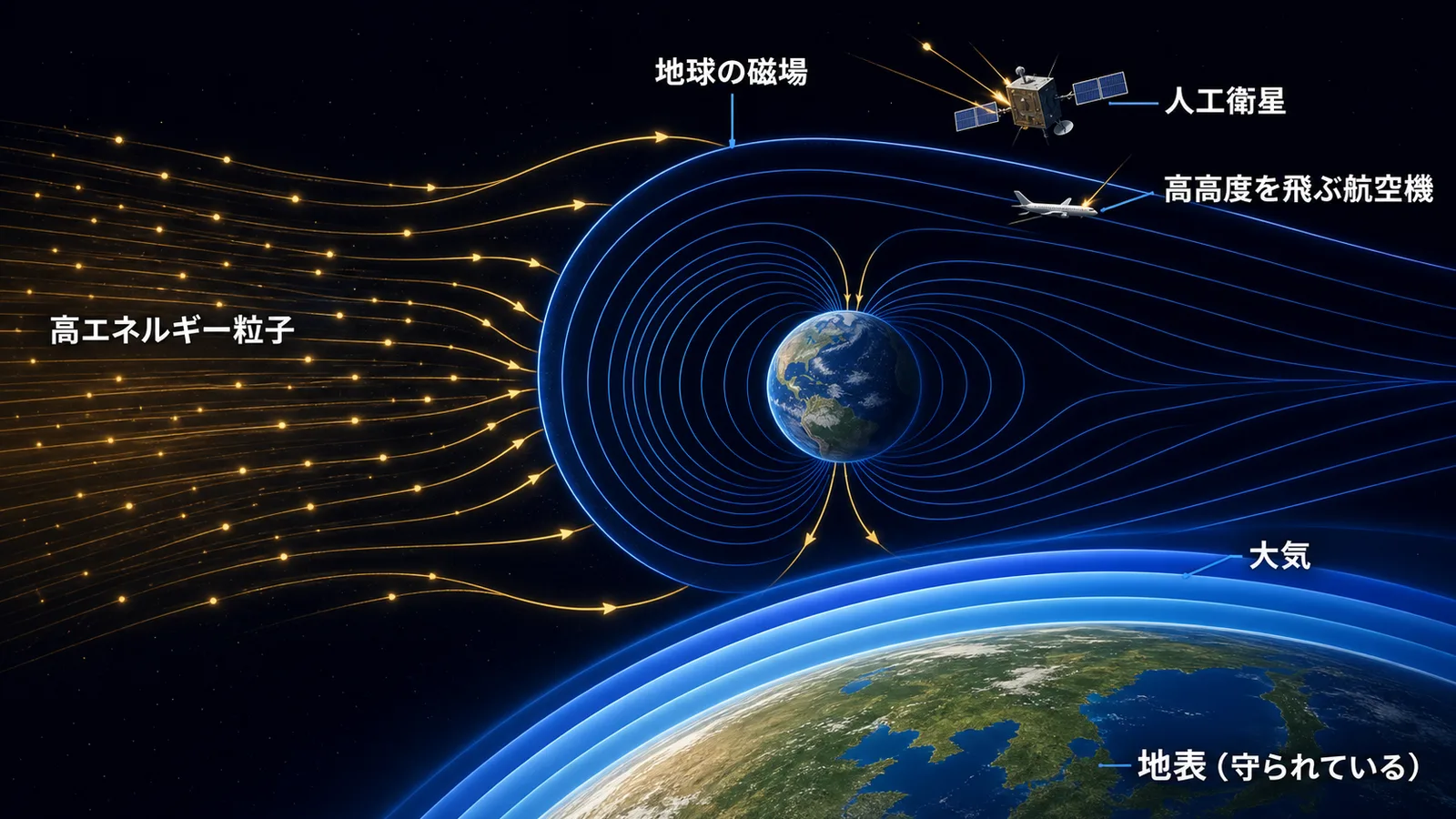 高エネルギー粒子が地球の磁場に曲げられ、衛星や高高度の航空機だけが直撃を受けることを示した図