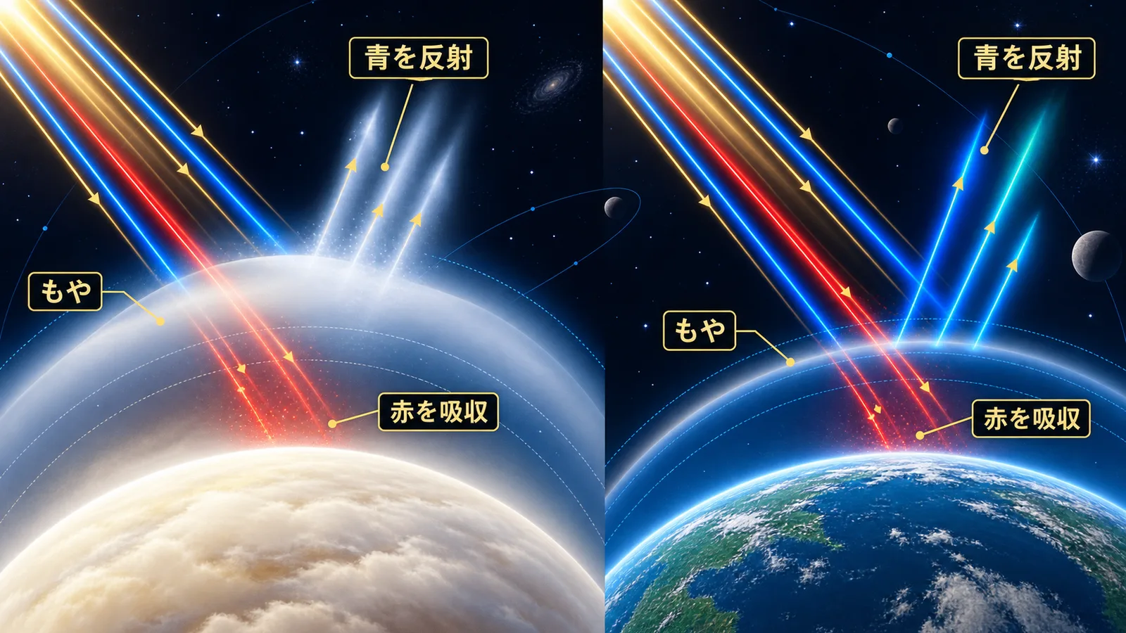 メタンによる光の吸収と、もやの層の厚さによる見かけの色の違いを示した図