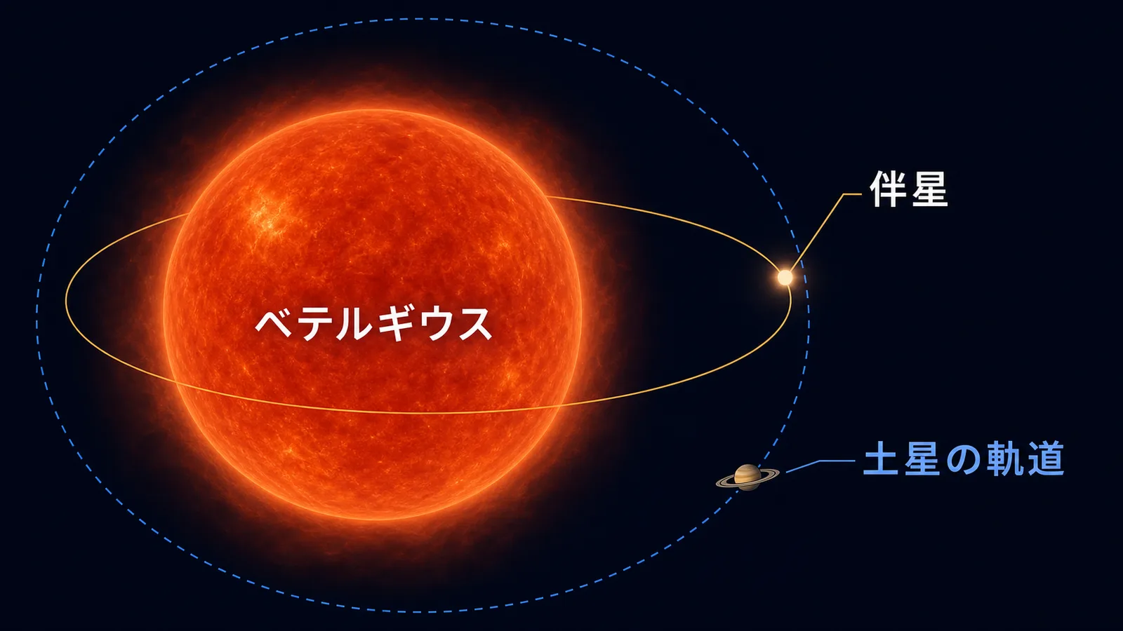 ベテルギウスと伴星の位置関係を土星の軌道の大きさと比べた図