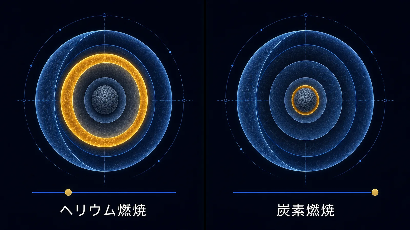中心ヘリウム燃焼段階と中心炭素燃焼段階の2つの説を並べて比べた図