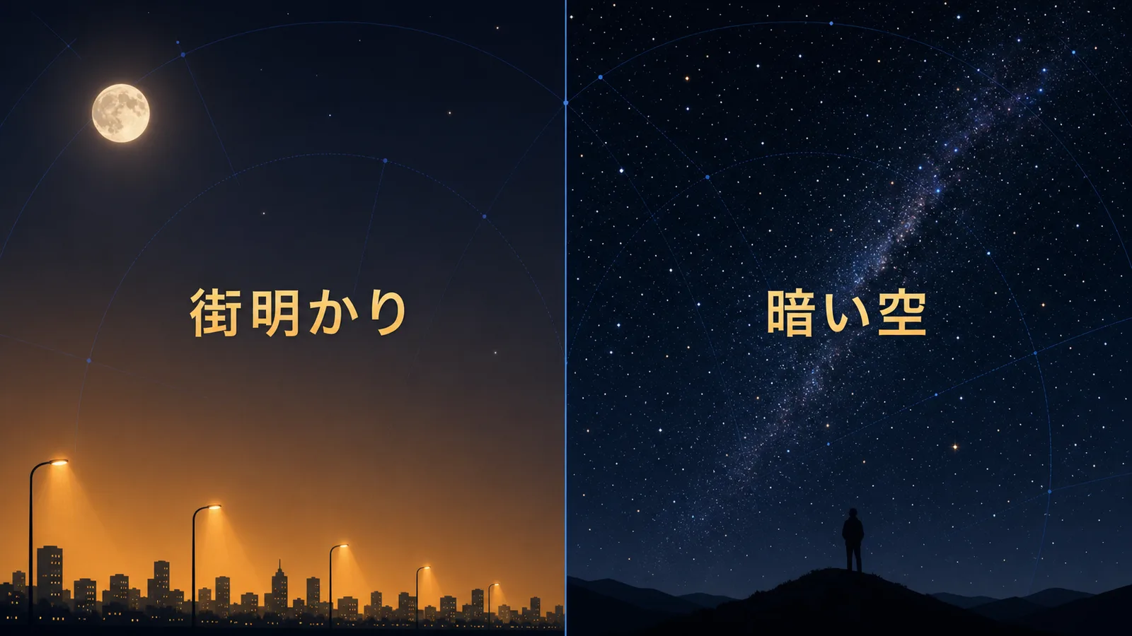 街明かりと月がある空と、暗い空とで見える星の数を比べた図解