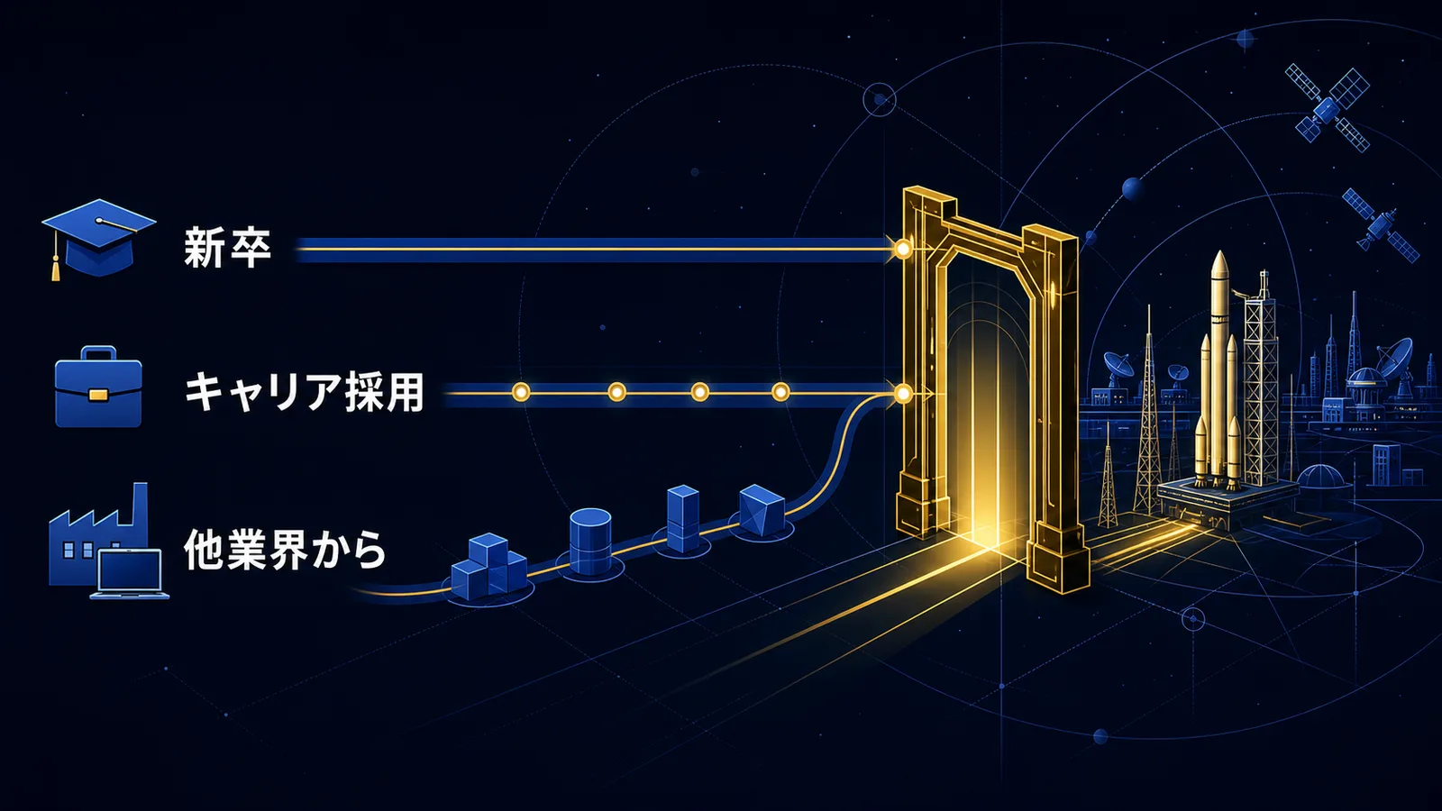 新卒、キャリア採用、他業界経由の3つの入口を並べて示した経路図
