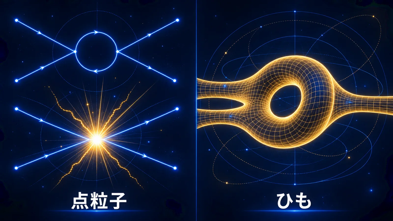点粒子のファインマン図のループがつぶれて発散する様子と、ひもの描くなめらかな面（トーラス）を対比した図解