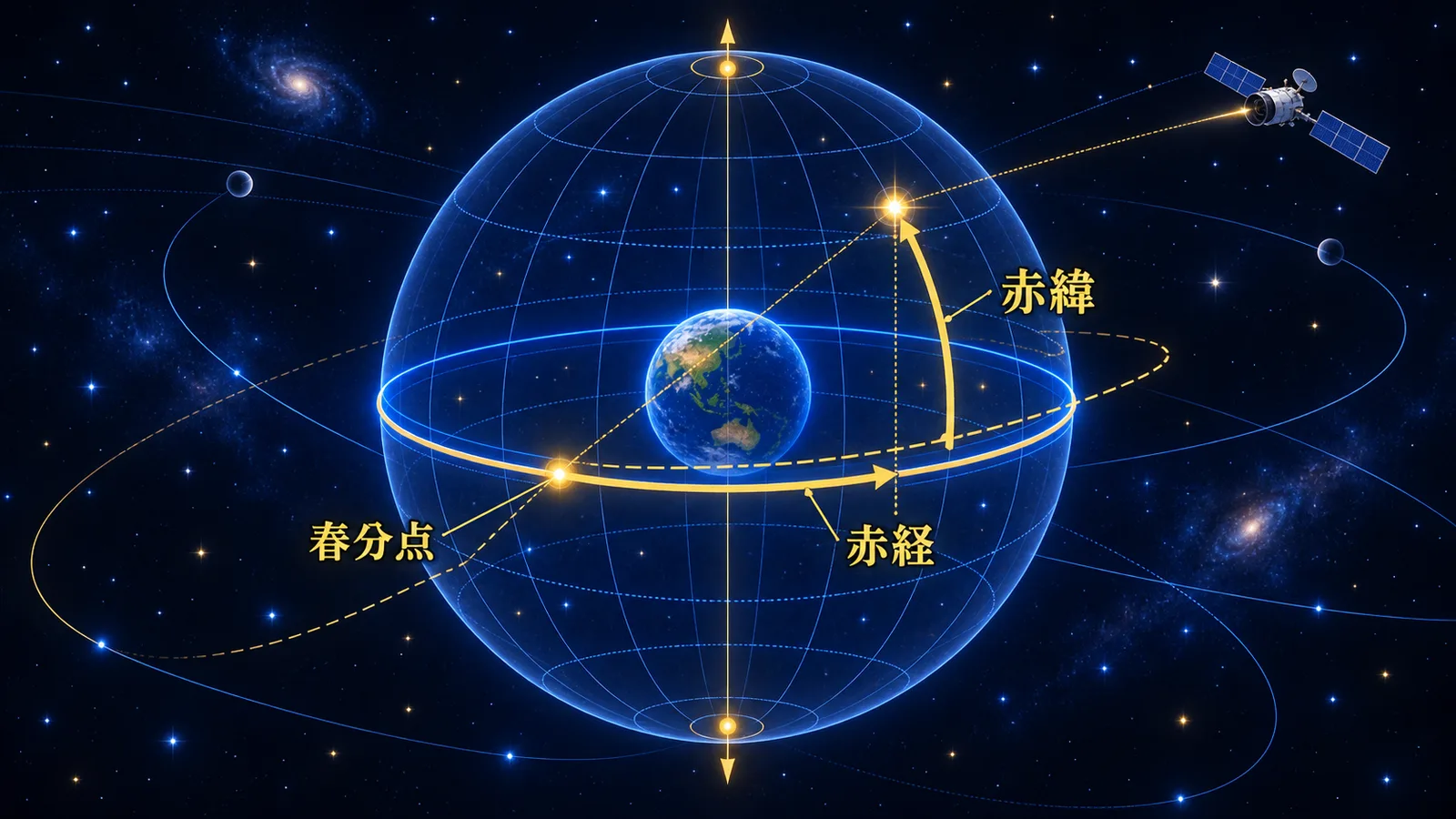 天球上の赤経・赤緯と春分点、天の赤道を示した赤道座標系の図解