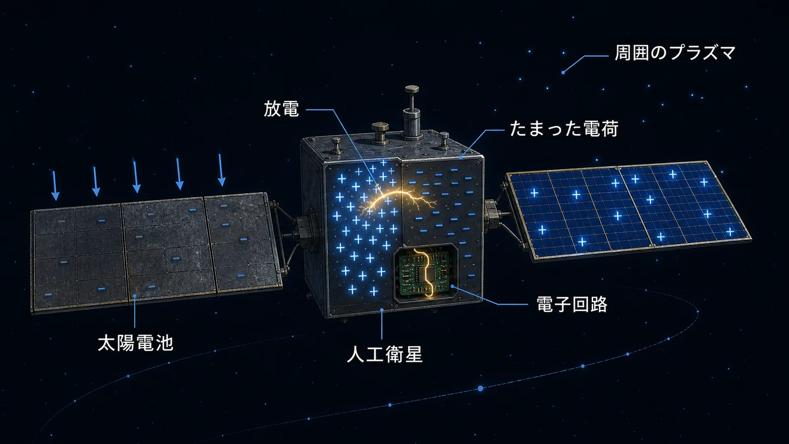 人工衛星が帯電して放電が起き、太陽電池が劣化する仕組みを示した図
