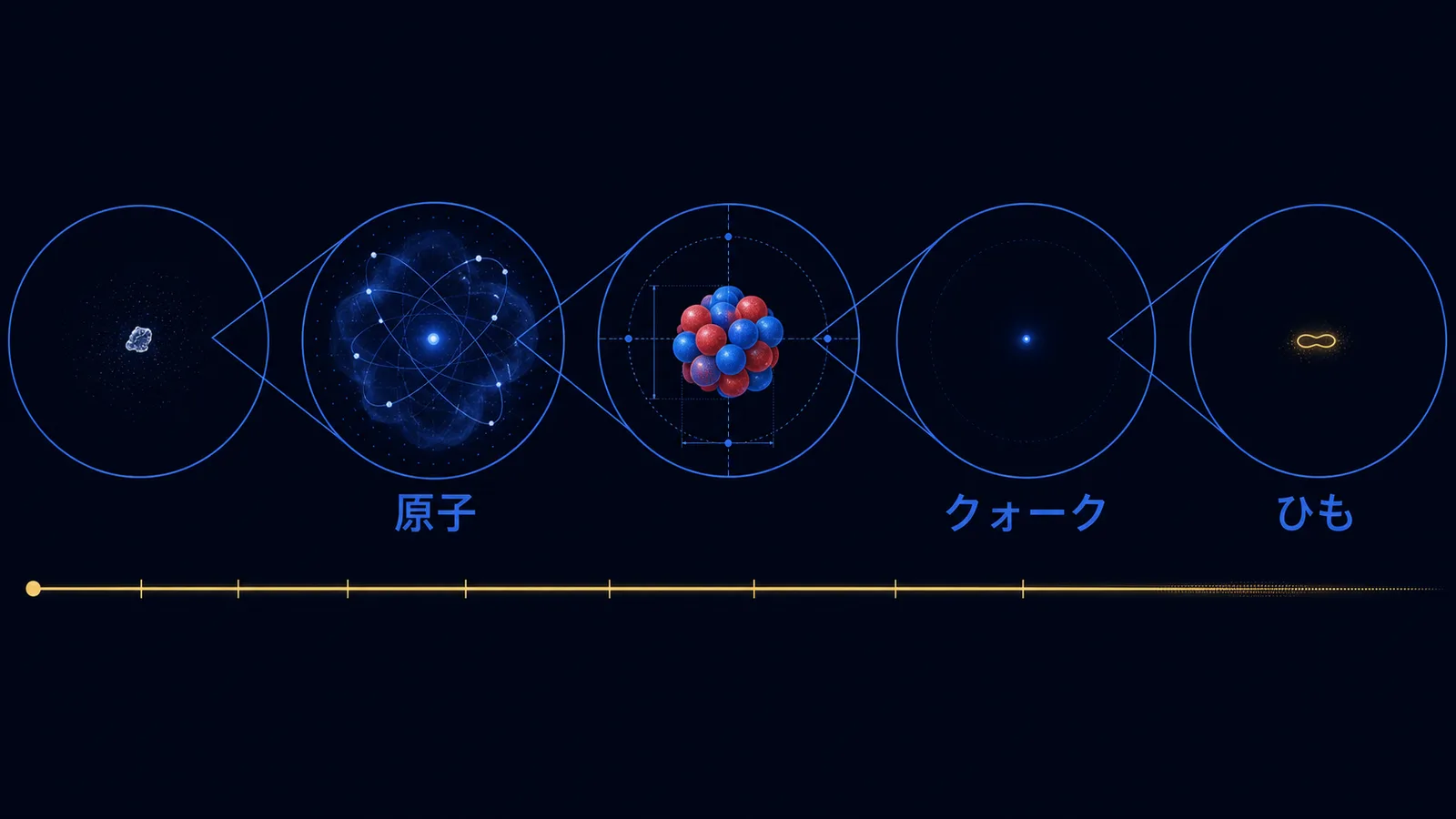 原子からクォーク、さらに小さなひもへと拡大していくスケールの階段を描いた図解