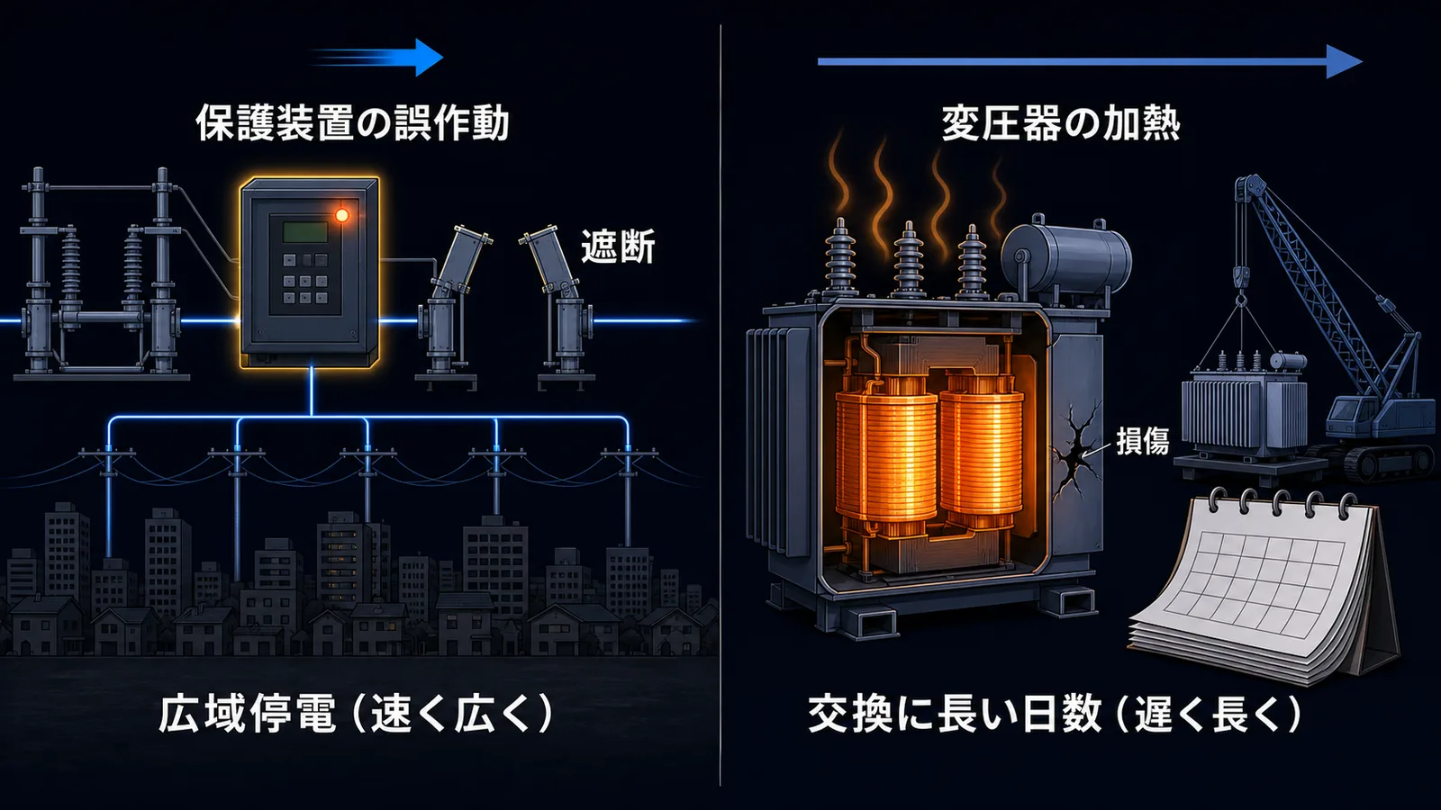 保護装置の誤作動による広域停電と、変圧器の加熱損傷という二通りの壊れ方を並べた図