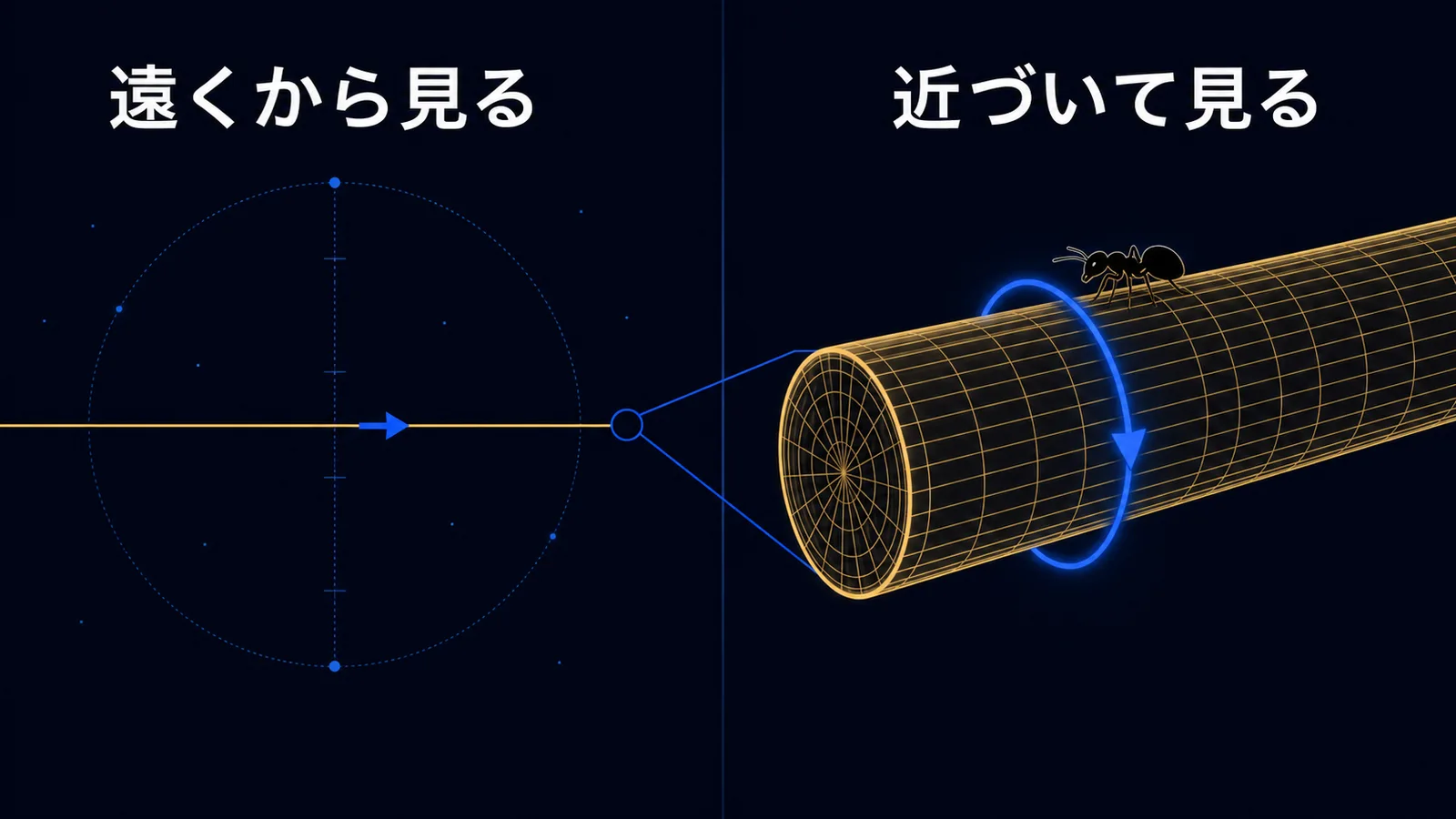 遠くからは1次元の線に見える電線が、近づくと円周方向の隠れた次元を持つことを示した図解