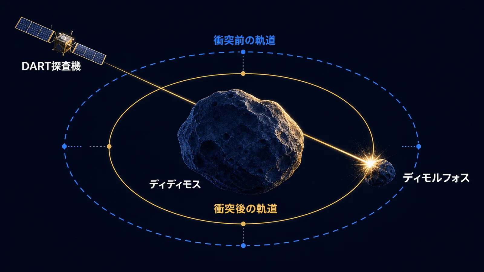 小惑星ディディモスを回るディモルフォスにDART探査機が衝突し、公転の軌道が内側へ縮む様子を示した図解
