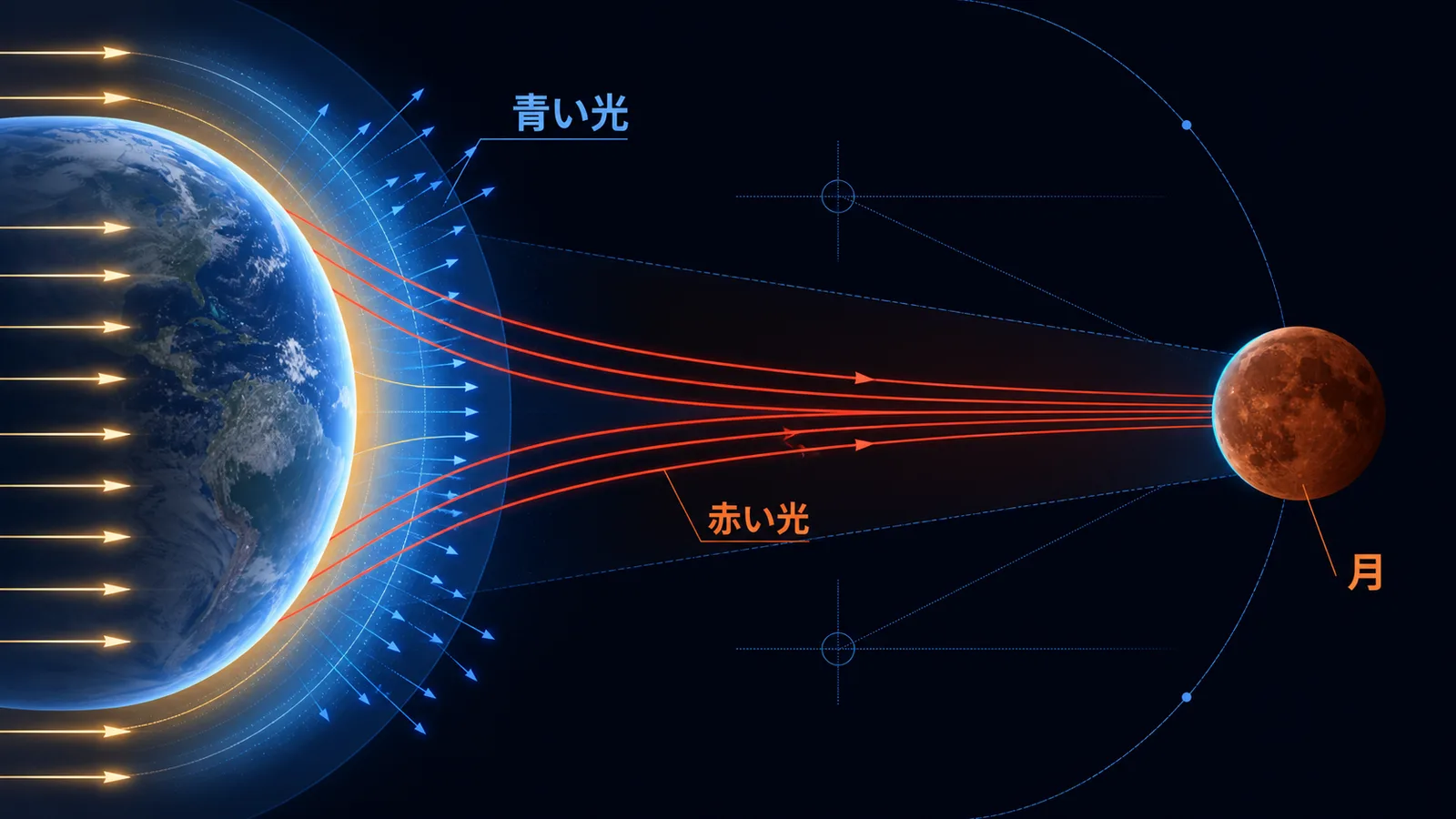 地球の大気で青い光が散乱し赤い光が屈折して月を照らす仕組みの図解