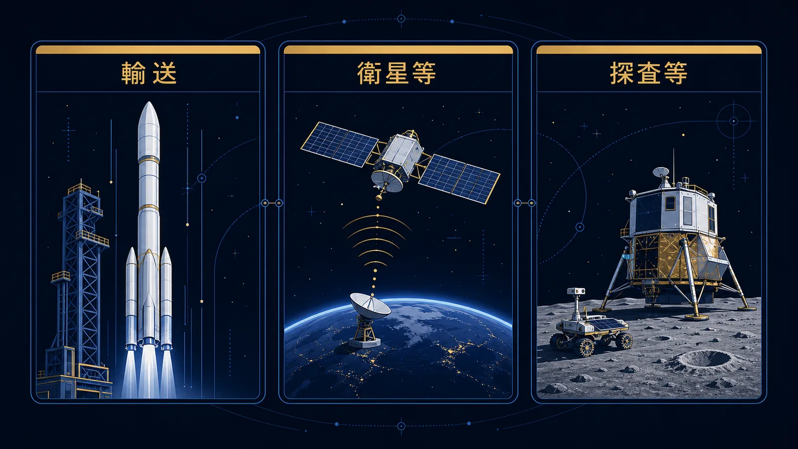宇宙ビジネスを輸送・衛星等・探査等の3分野に分けて示した図解