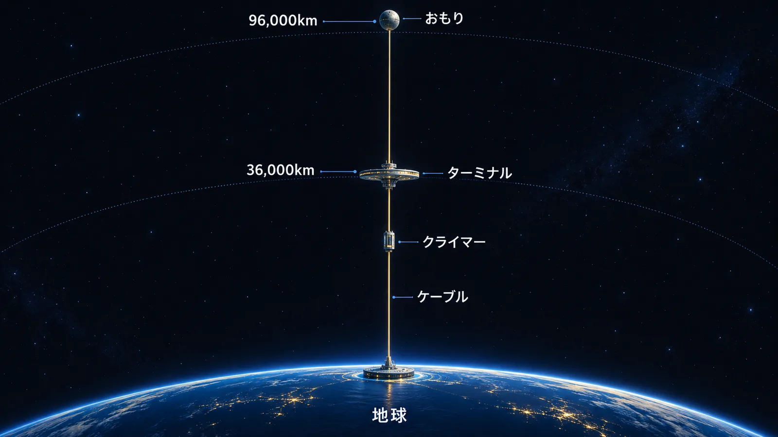 地上のアース・ポートから静止軌道上のターミナルを経て、外側のおもりまで伸びる全長96,000kmのケーブルとクライマーを示した断面図