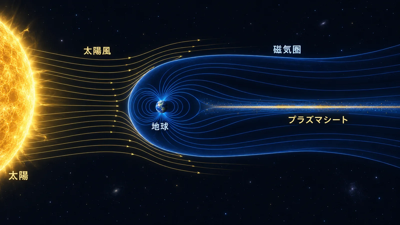 太陽から吹く太陽風に押されて、太陽側がつぶれ反対側に長い尾がのびた地球の磁気圏と、尾の中央にあるプラズマシートを横から描いた図