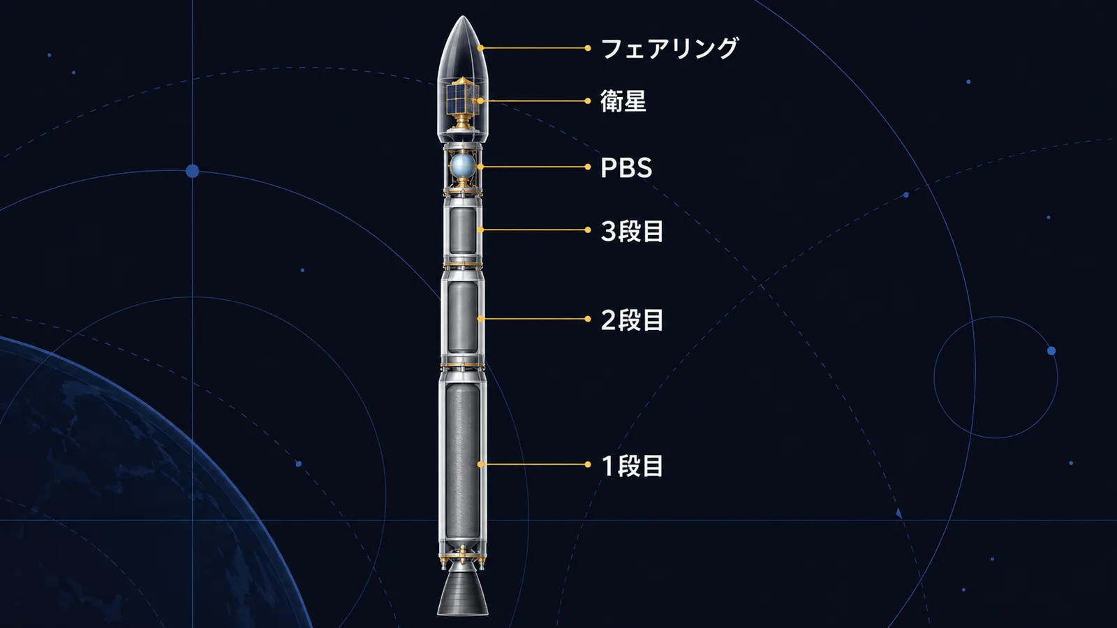 固体燃料3段と液体推進系キックステージ、フェアリング内の衛星からなるカイロスロケットの構成図
