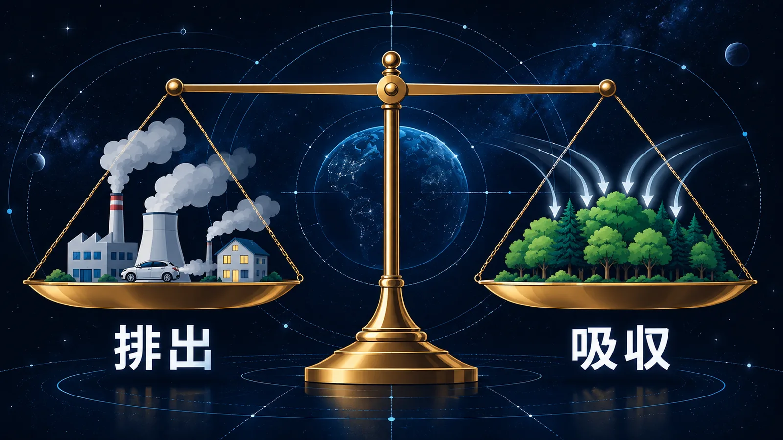 排出と吸収の皿が釣り合った天秤で、カーボンニュートラルの考え方を示した図