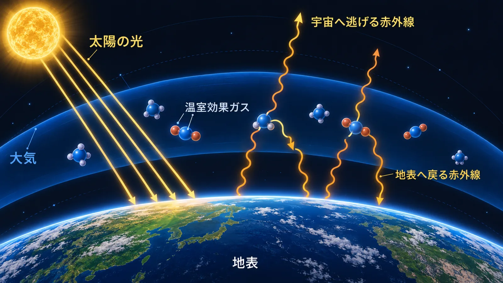 太陽光が大気を通り抜けて地表を暖め、地表から出た赤外線の一部が温室効果ガスに吸収されて地表へ戻る様子を示した断面図