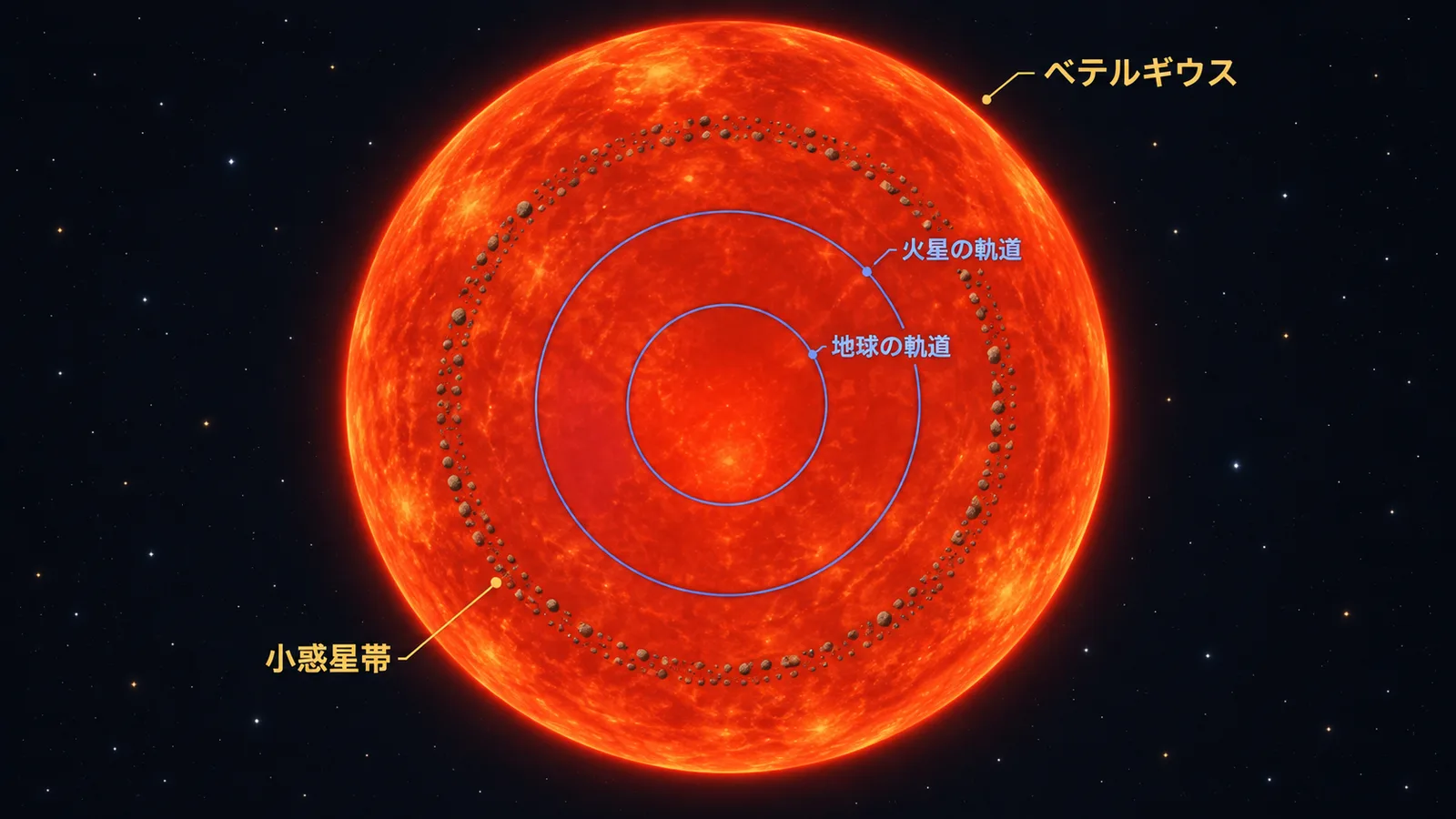太陽の位置に置いた赤いベテルギウスが、地球と火星の軌道を包み、小惑星帯の外側まで広がる様子の図解