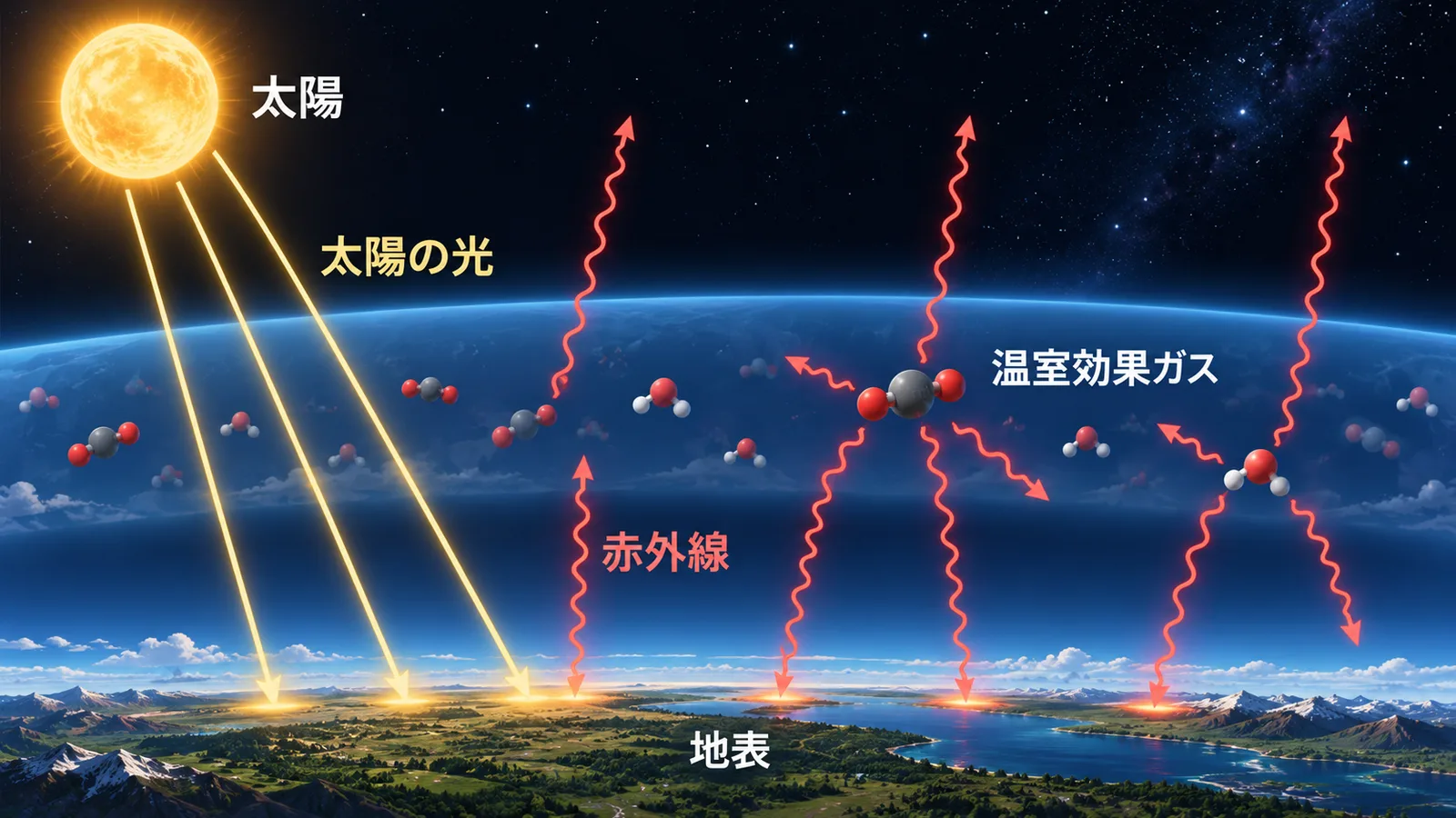 太陽の光が地表を温め、地表から出る赤外線の一部を温室効果ガスが吸収して地表へ戻す仕組みの図