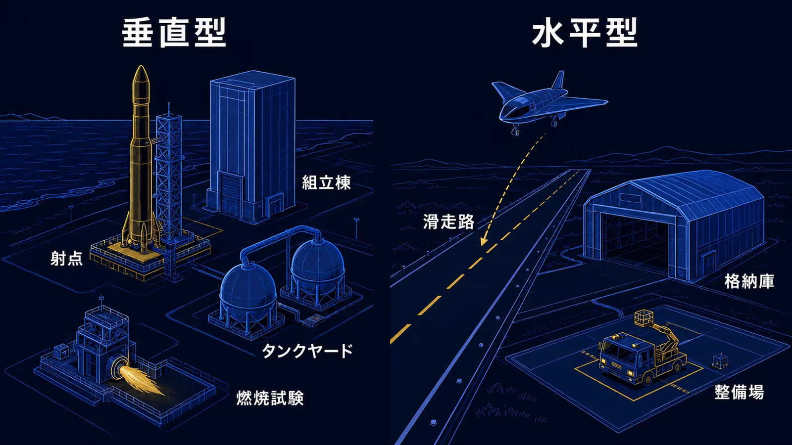 垂直型と水平型の宇宙港で必要になる設備の違いを左右に並べた図解