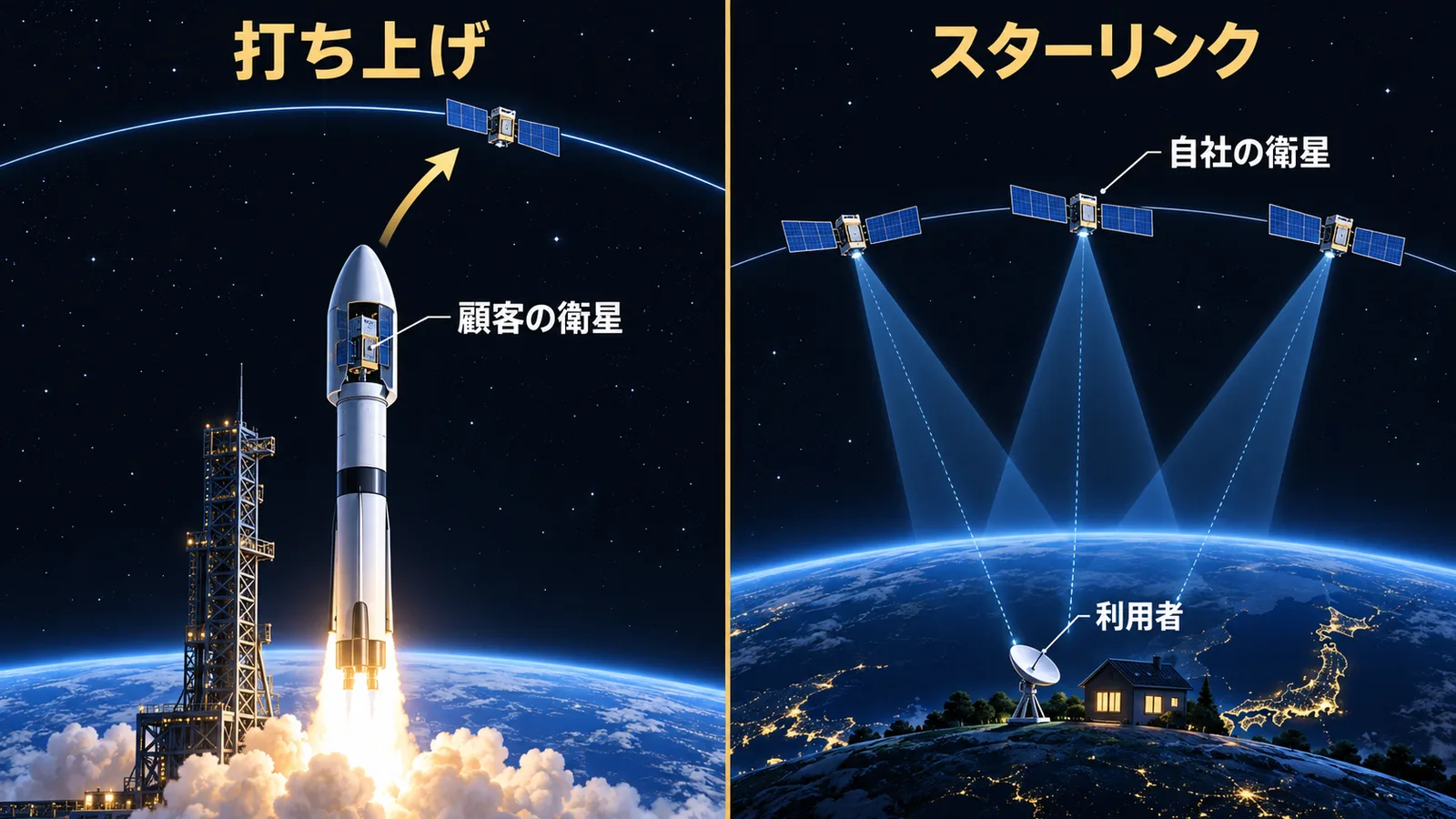 左に顧客の衛星を運ぶロケット、右に自社の通信衛星から地上の利用者へ電波が届く様子を並べた図