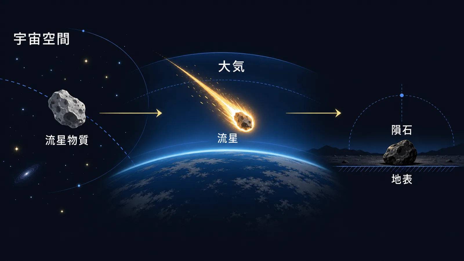 宇宙空間の岩片、大気中で光る流星、地表に残った隕石という3つの段階を左から右へ並べた図