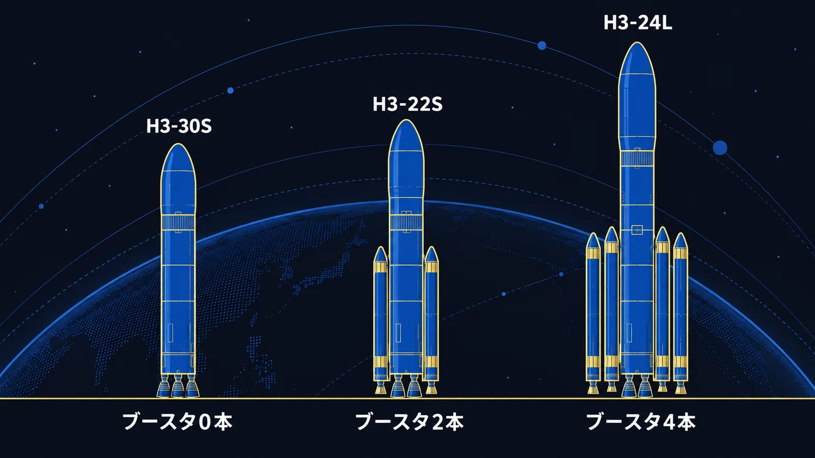 H3-30S、H3-22S、H3-24Lの3形態を並べて、エンジン数とブースタ本数とフェアリングの違いを比べた図