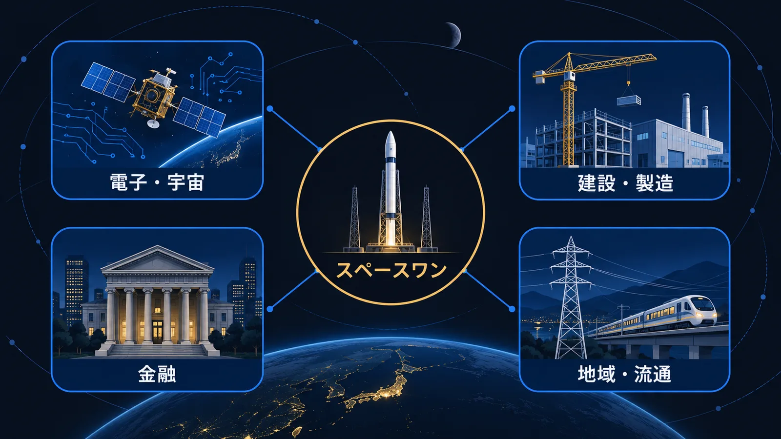スペースワンを中心に、電子・宇宙、建設・製造、金融、地域・流通の4業種の出資企業がつながる図