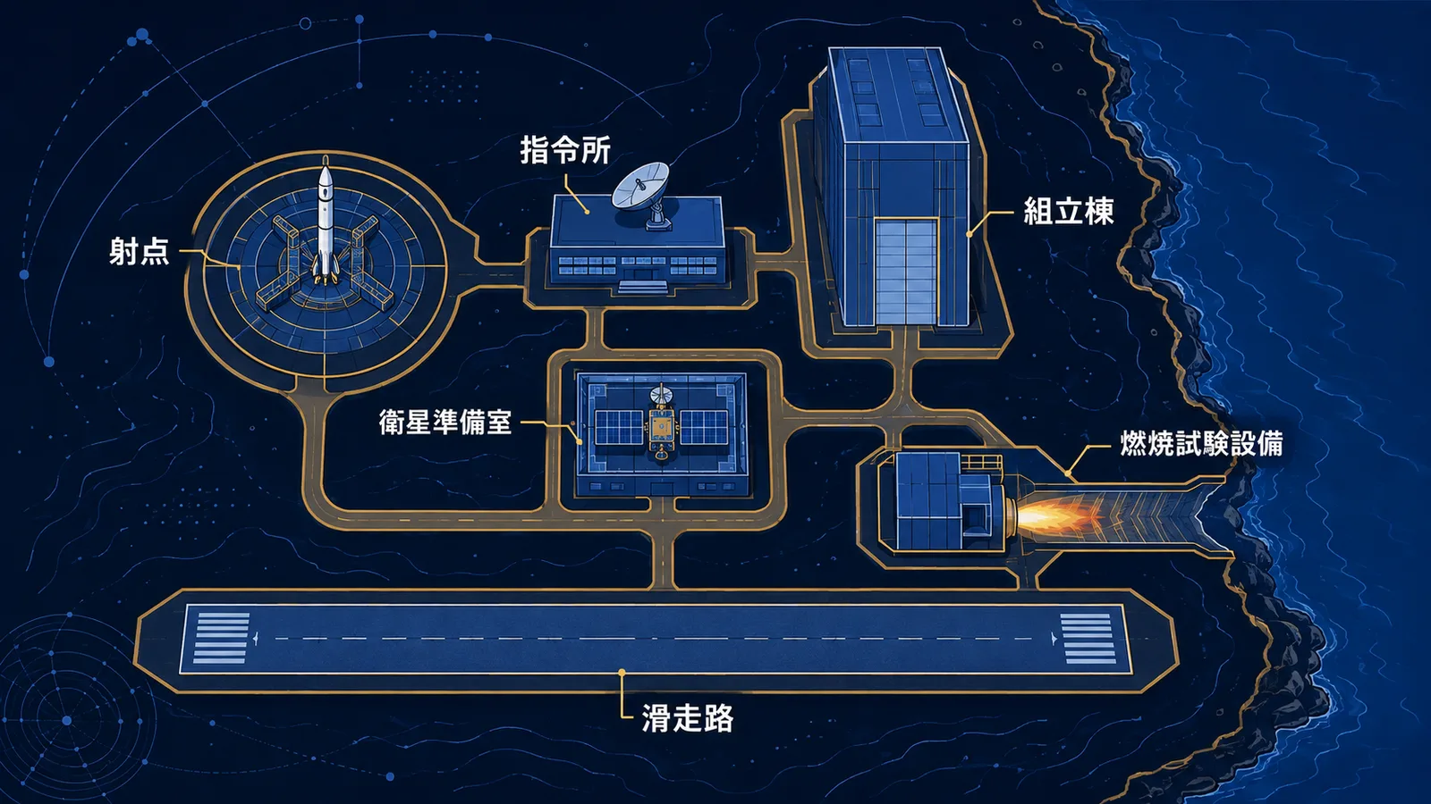 射点・指令所・組立棟・衛星準備室・滑走路・燃焼試験設備を配置した宇宙港の敷地図の図解
