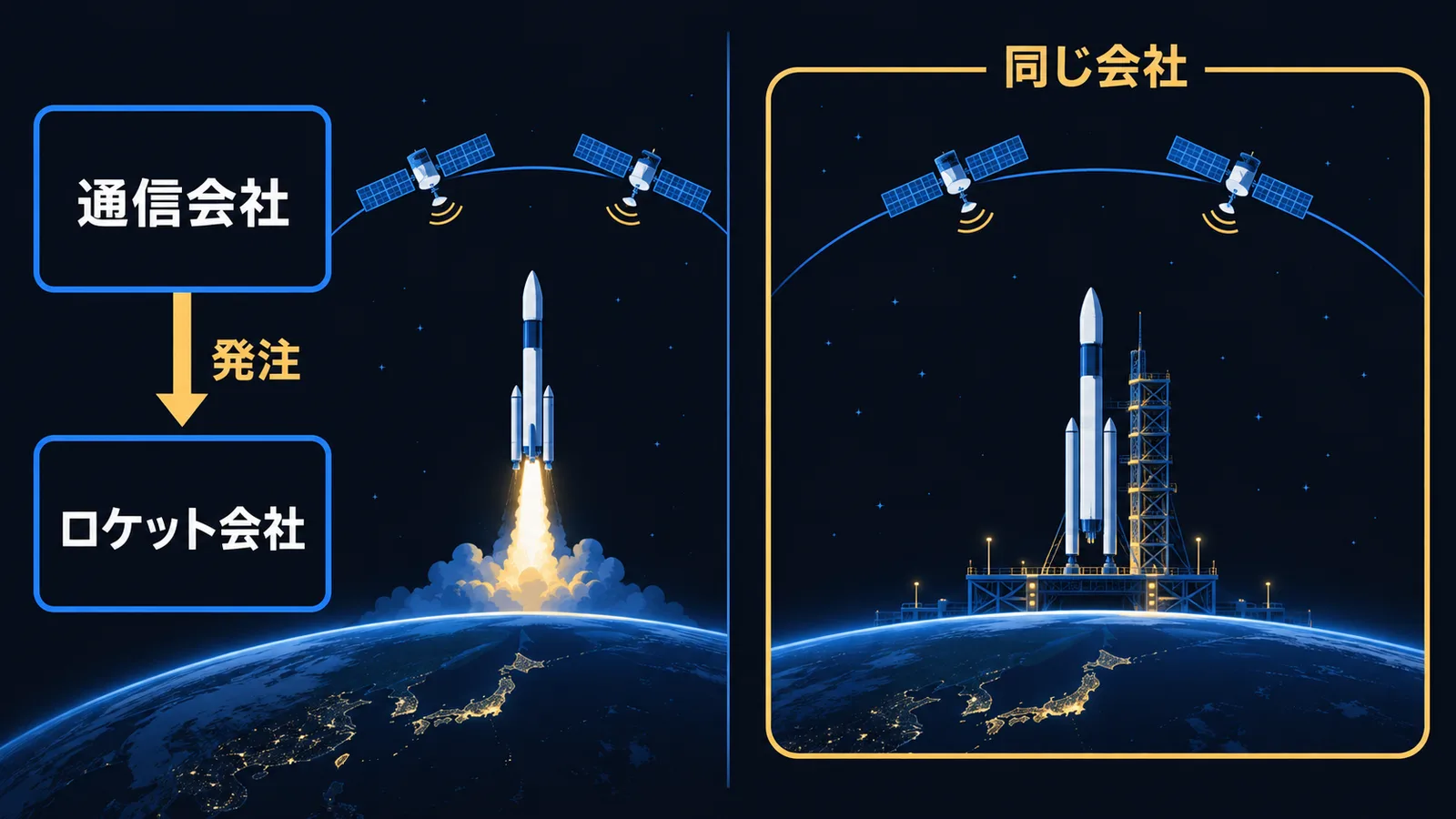 左に通信会社がロケット会社へ発注する構造、右に打ち上げと衛星運用が一社に収まる構造を並べた図